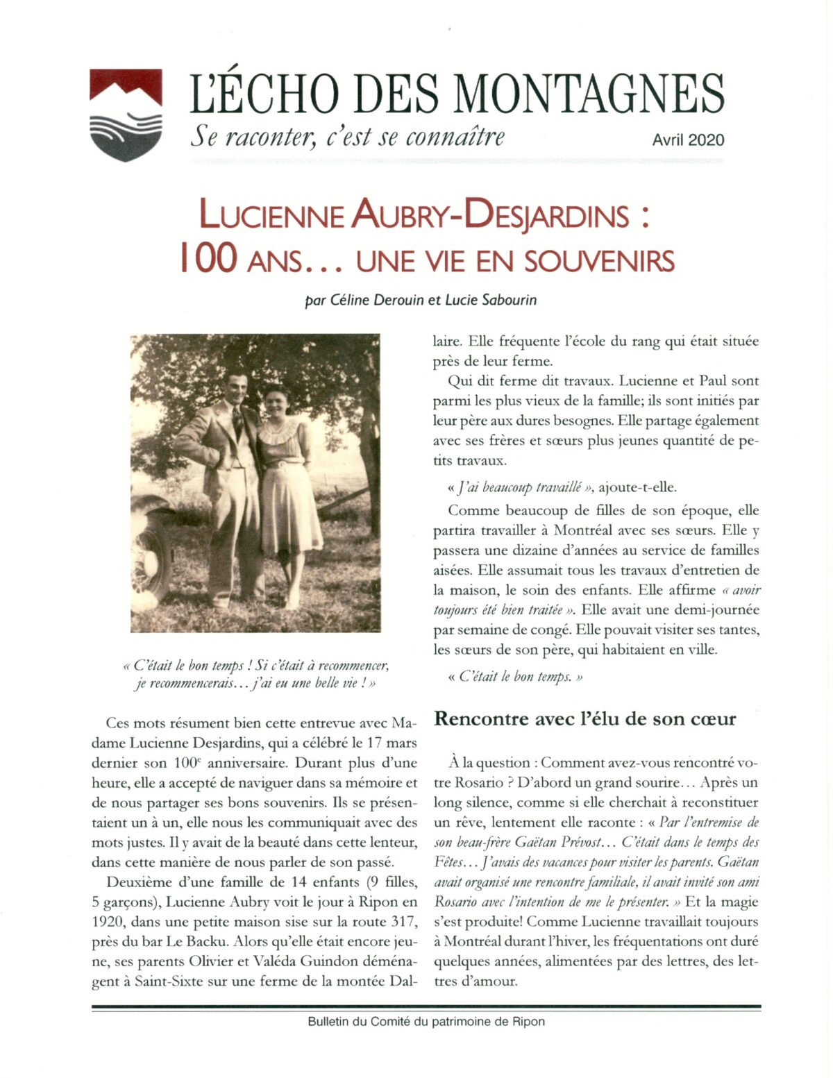 Licienne Aubry-Desjardins, 100 ans de souvenirs.