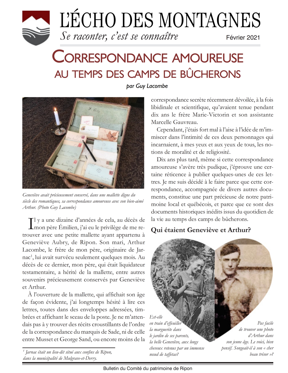 Correspondance amoureuse entre Geneviève Aubry et Arthur Lacombe