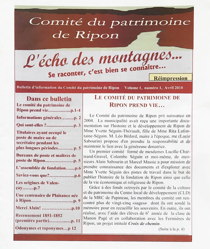 Où il est queston du Comité du patrimoine de Ripon, d'Yvette Séguin-Thériault, et de Valençay